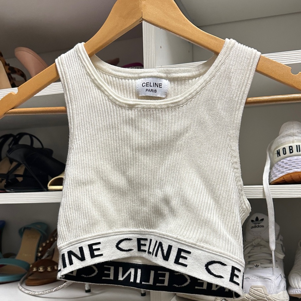 Celine Cream Ribbed Logo Crop Top